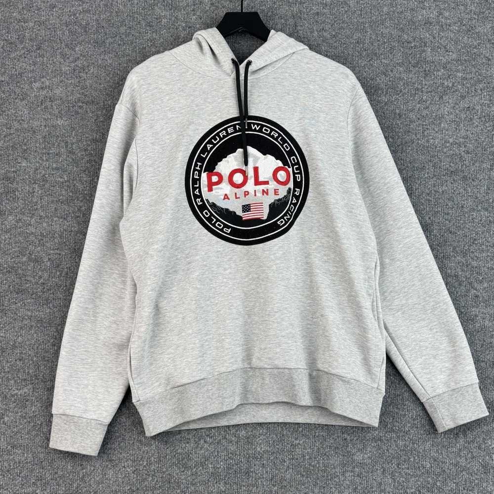 Polo Ralph Lauren Hoodie Pullover Mens L Gray World Cup Racing Alpine Fleece USA